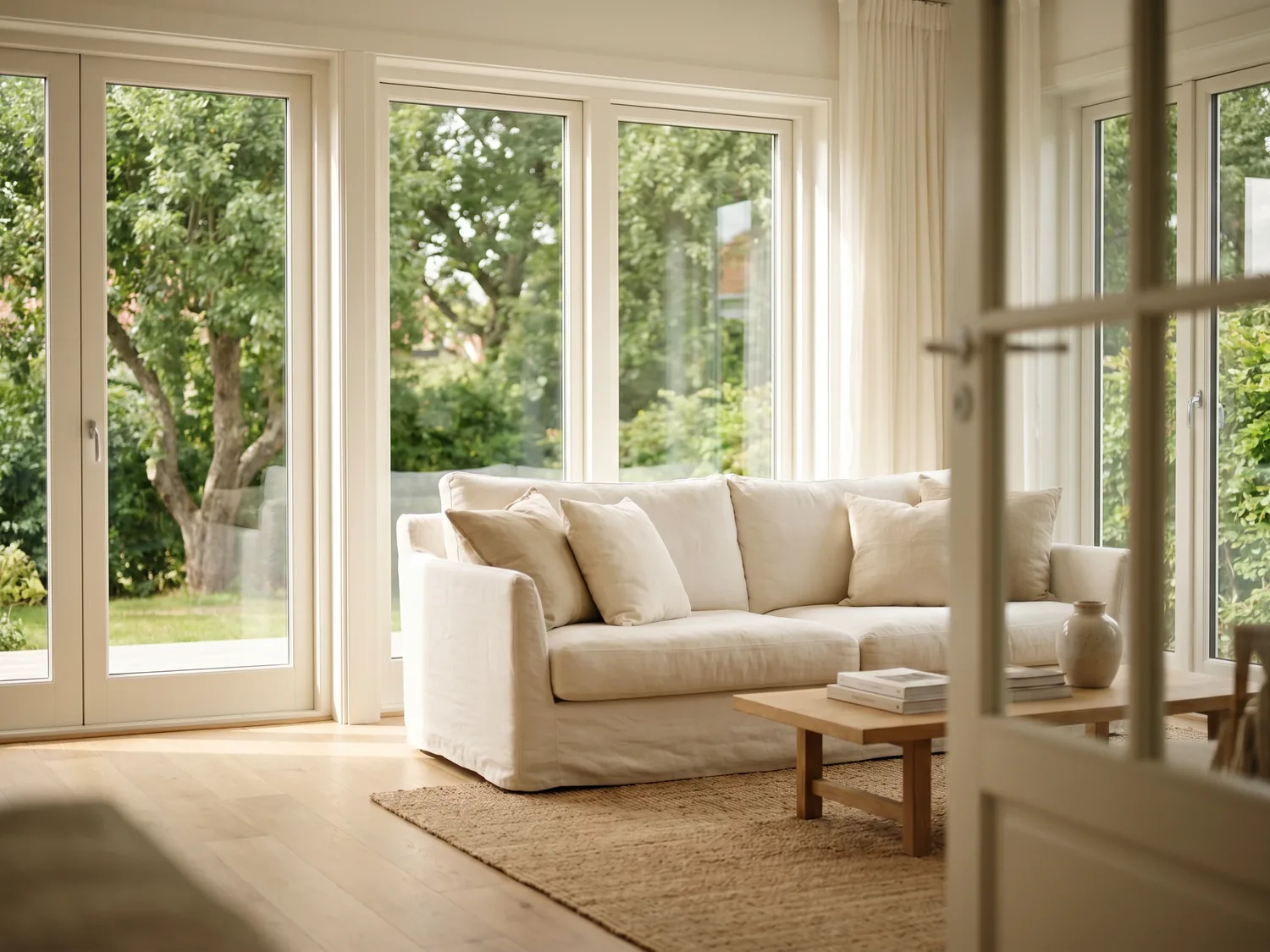 Bright living room with large windows and a garden view