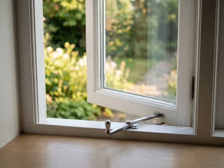 Casement window cranked open to a garden