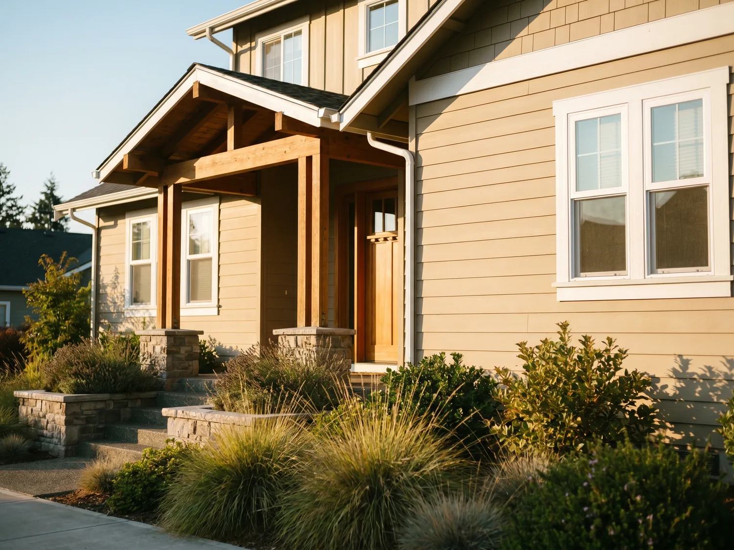 Craftsman home exterior with lap siding and stone accents