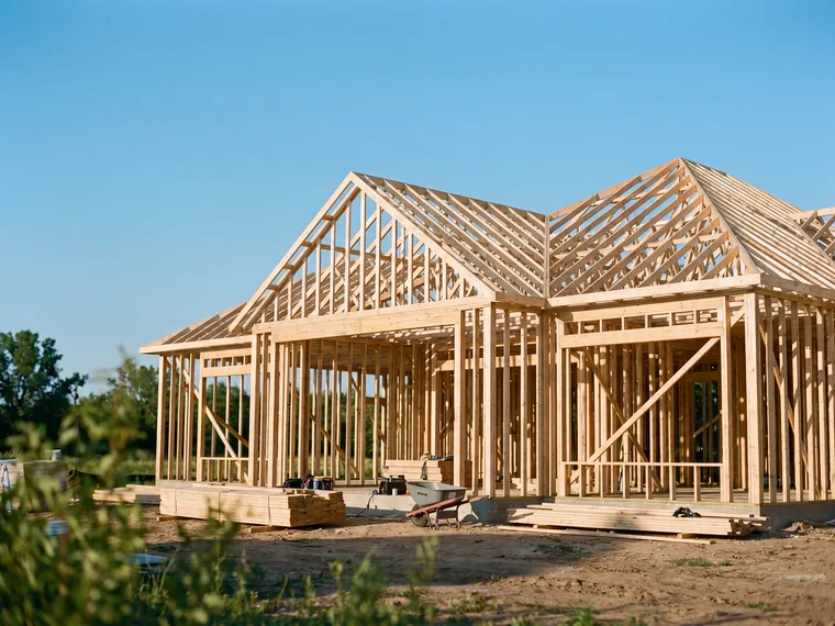 Custom home under construction with timber framing