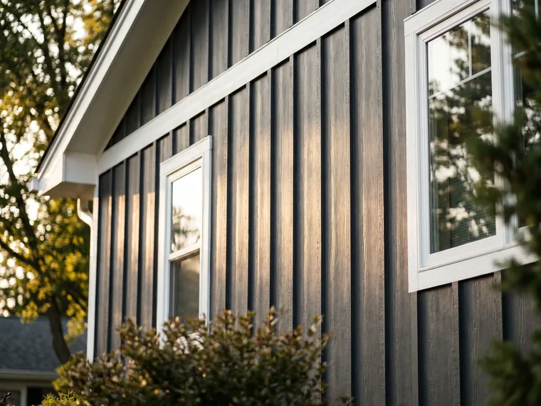 Dark board-and-batten engineered wood siding