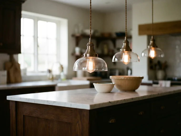 Decorative pendant fixtures over a kitchen island
