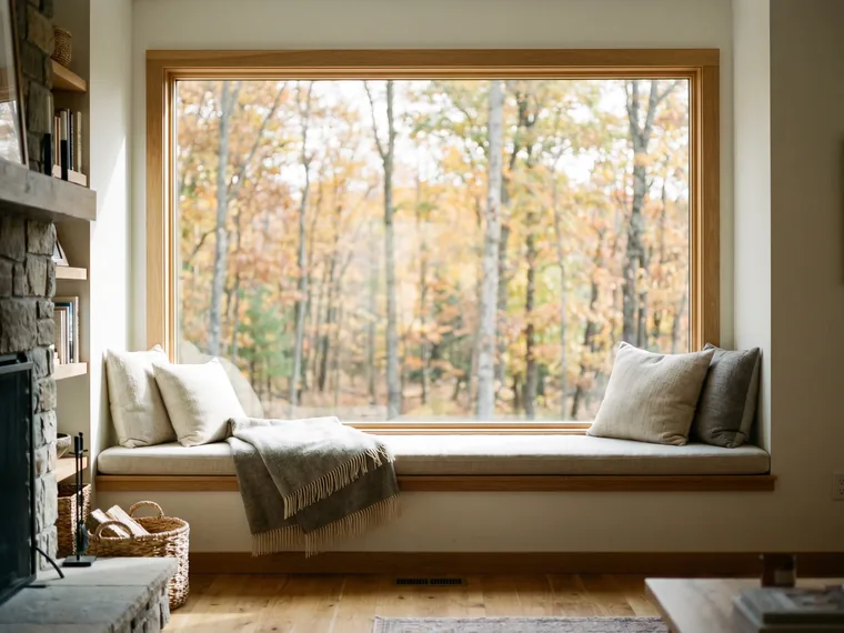 Large picture window with a cushioned window seat