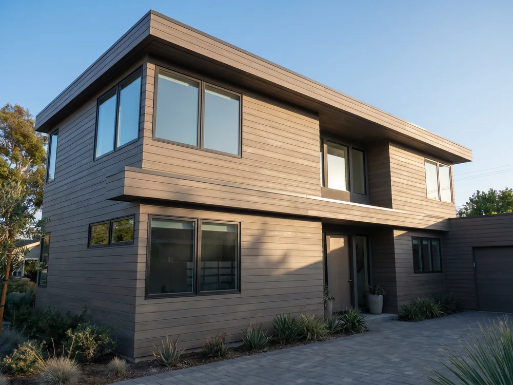 Modern home exterior clad in warm-toned composite lap siding