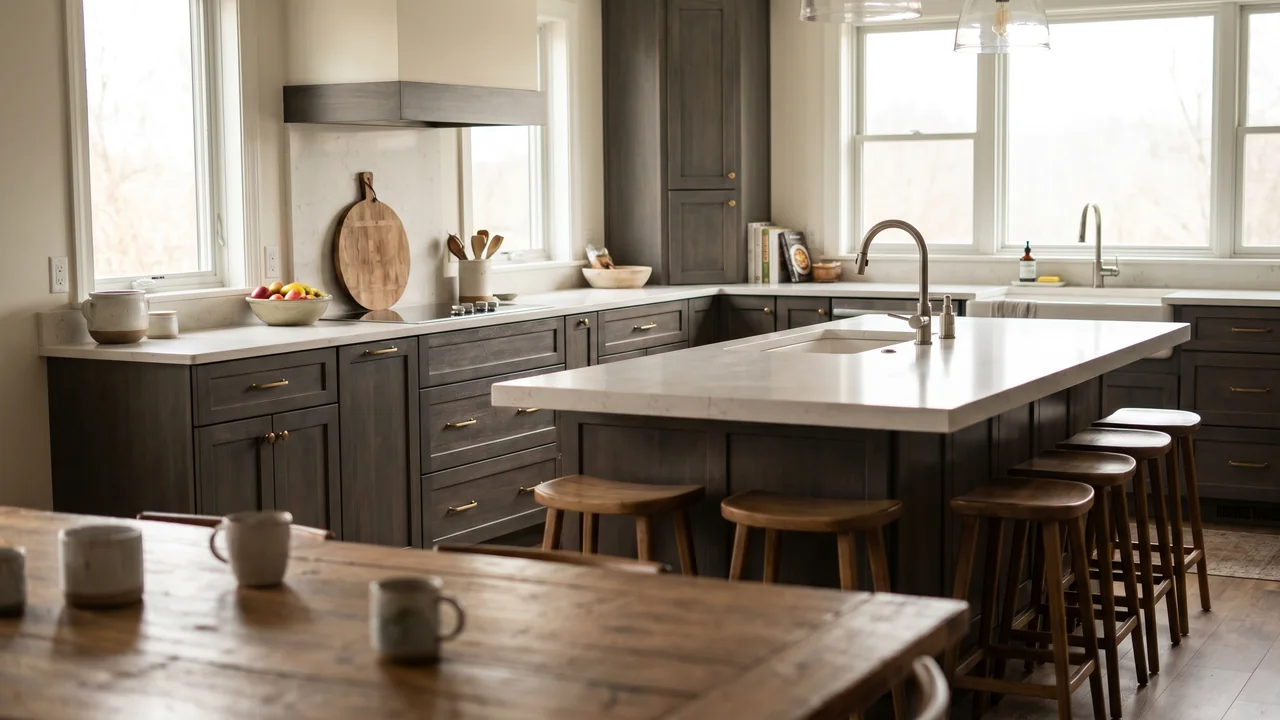 Modern kitchen with custom cabinetry and quartz countertops
