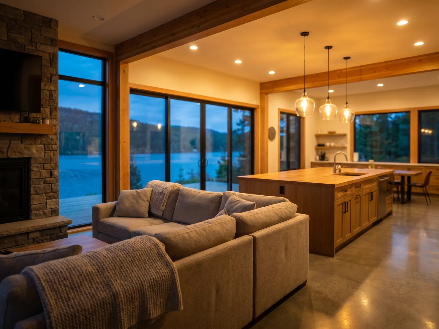 Modern living room and kitchen with warm layered lighting at dusk