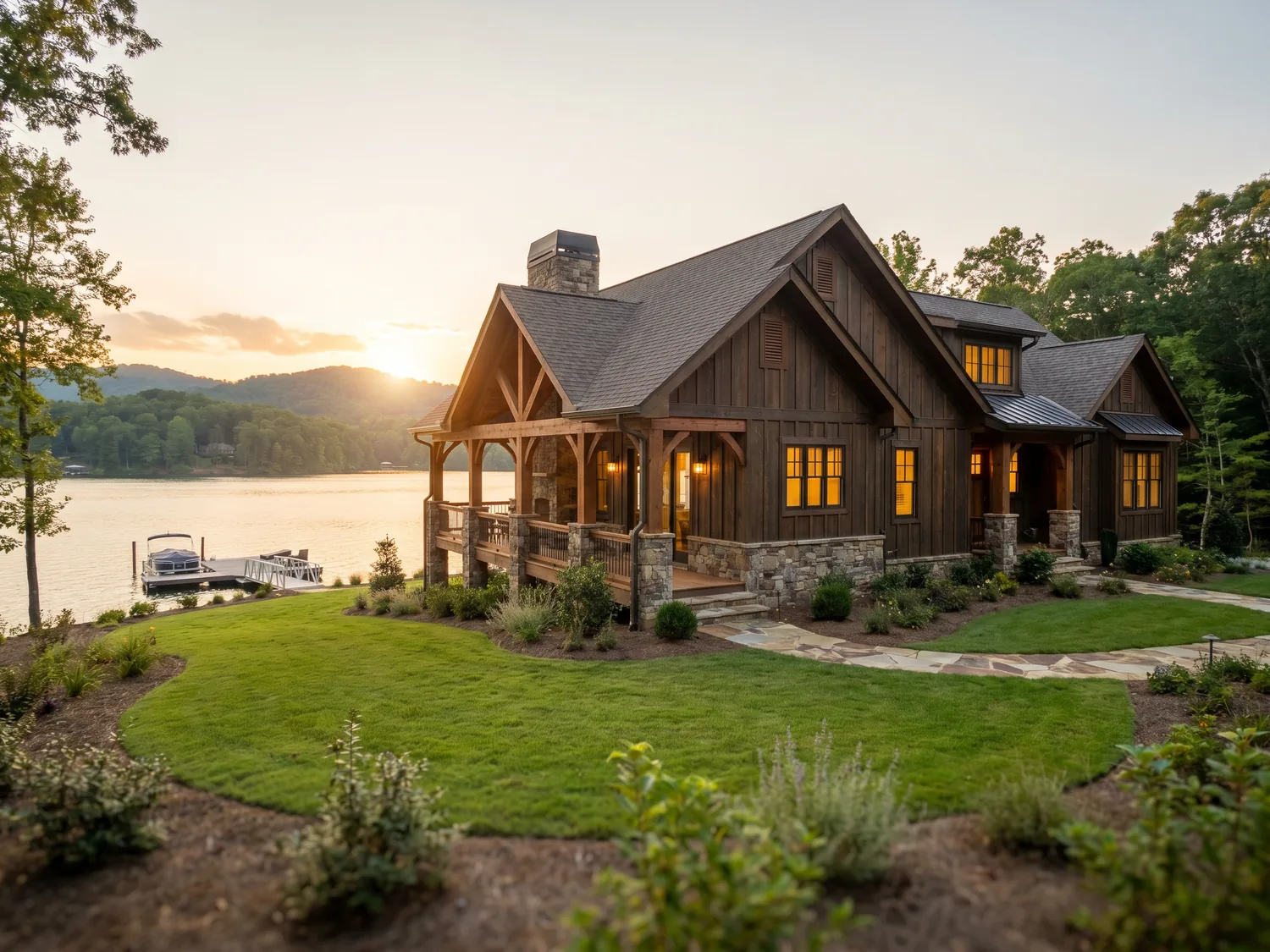 Newly built custom lake home at golden hour