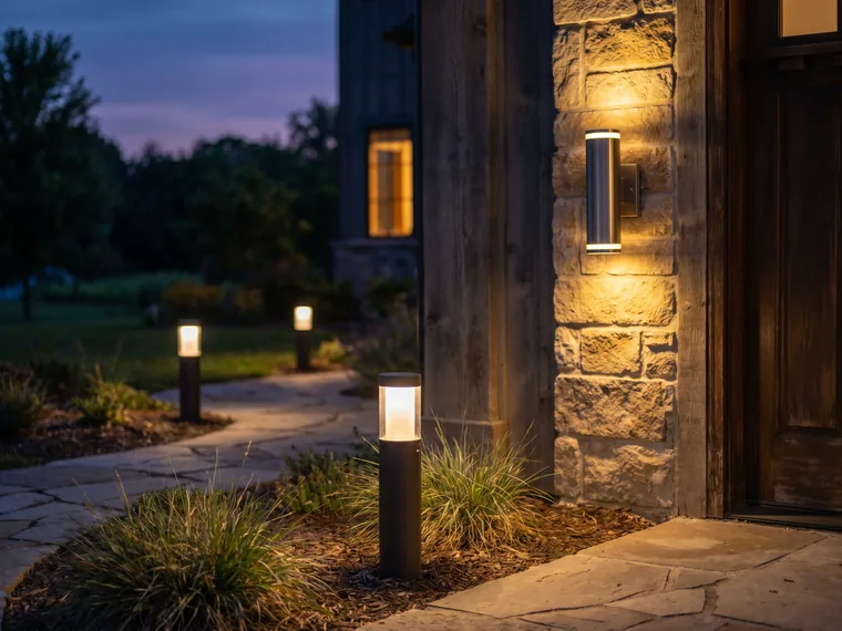Outdoor wall sconce and landscape path lights glowing at dusk