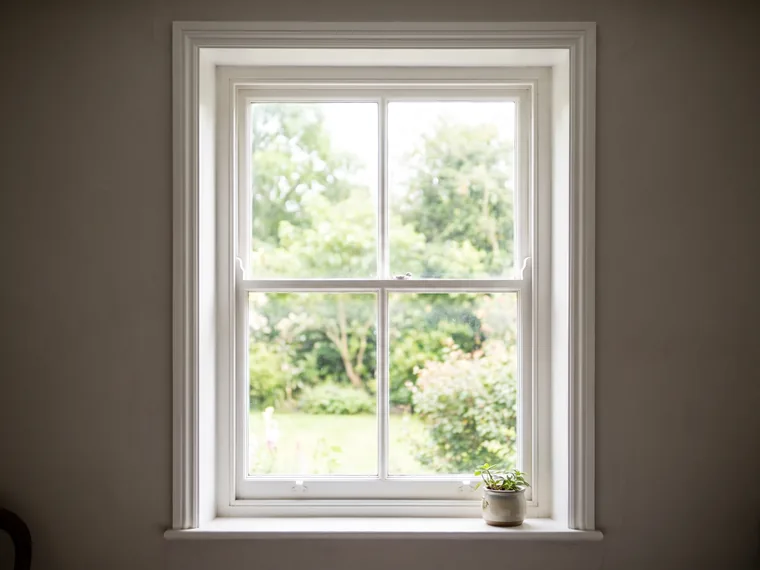 White double-hung vinyl window with a garden view